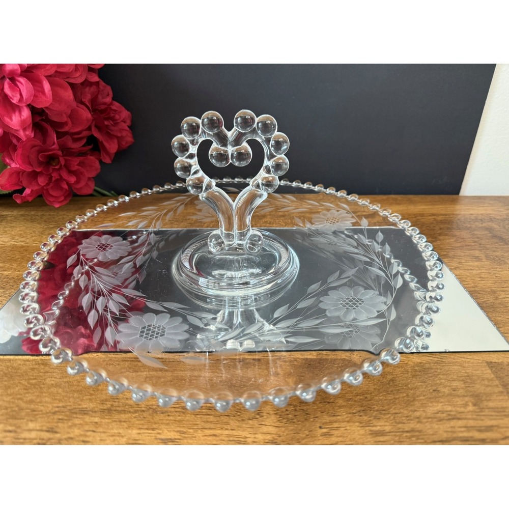 Vintage W.J. Hughes Cornflower Etched Glass Beaded Edge‎ Round Tray Heart Handle